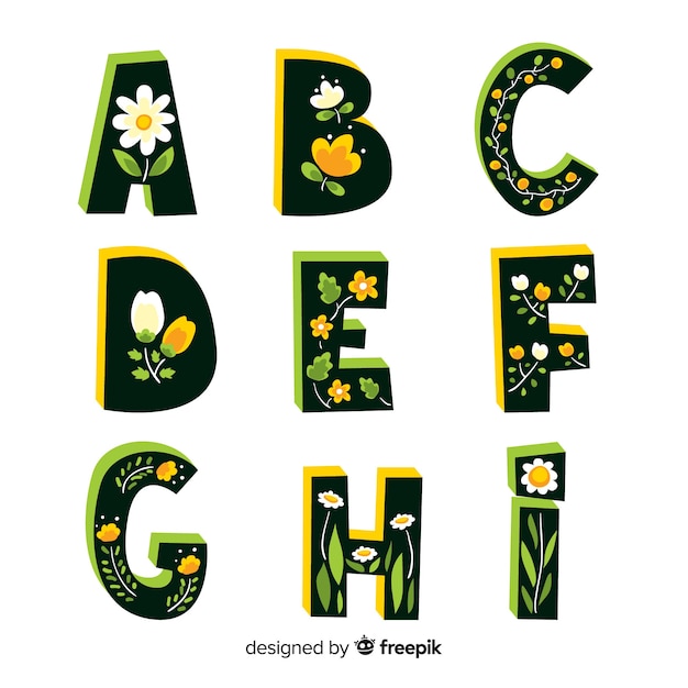 Vecteur gratuit alphabet floral plat