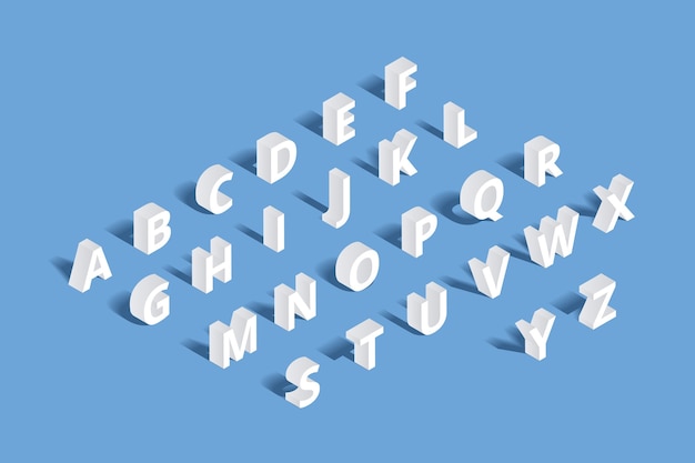 Vecteur gratuit alphabet isométrique 3d. lettre de conception, jeu de typographie abc, signe typo géométrique de caractère
