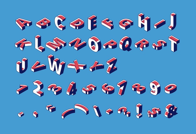 Alphabet isométrique, abc, chiffres et ponctuation Lettres majuscules, police de typographie