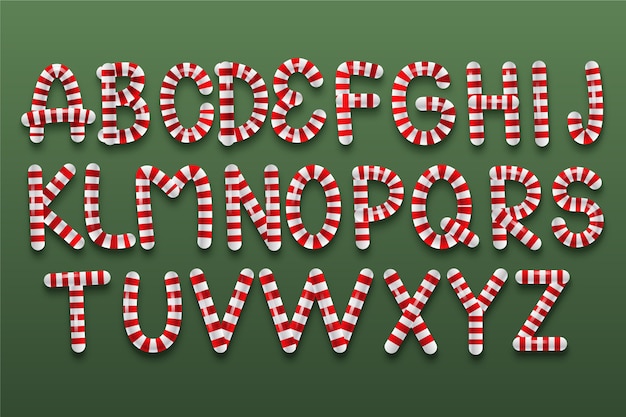 Vecteur gratuit alphabet de noël en canne de bonbon de a à z