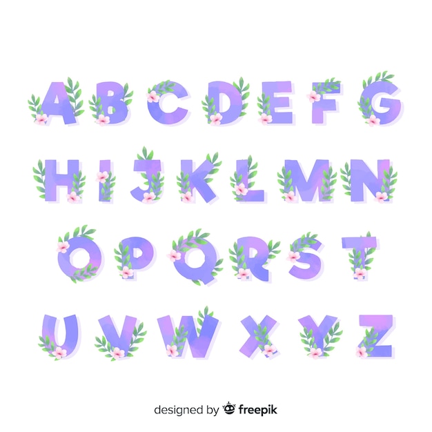 Vecteur gratuit alphabet plat avec des fleurs et des feuilles