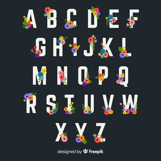 Vecteur gratuit alphabet plat avec des fleurs