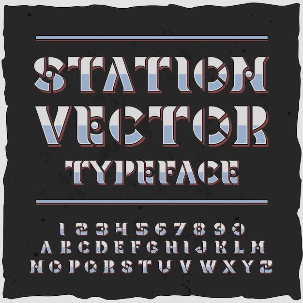 Vecteur gratuit alphabet de la station avec des lettres ornées de style rétro de police et des chiffres avec des plaques de pochoir