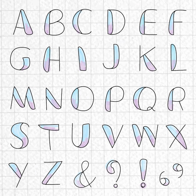 Vecteur gratuit alphabet stylisé et symboles sur un papier quadrillé