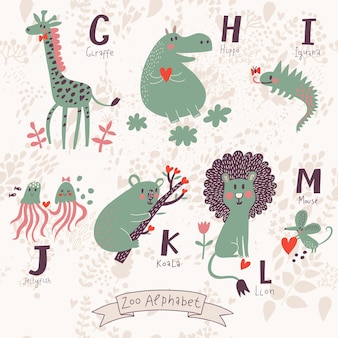 Alphabet de zoo mignon dans le vecteur g lettres hijklm animaux drôles amoureux