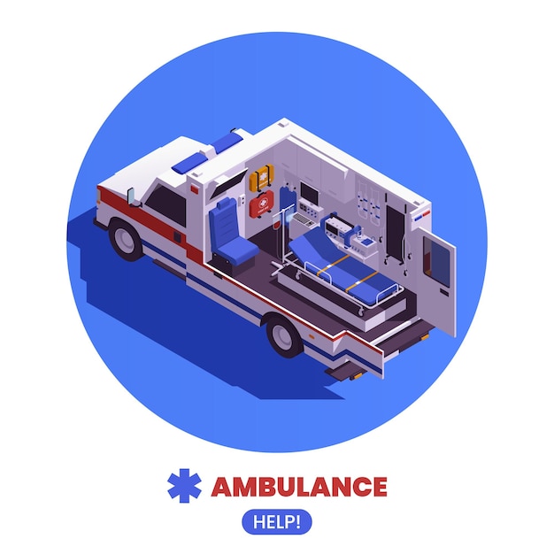 Vecteur gratuit ambulance aide fond rond illustré véhicule de premiers secours moderne en coupe équipé d'un équipement de diagnostic de haute technologie illustration vectorielle isométrique