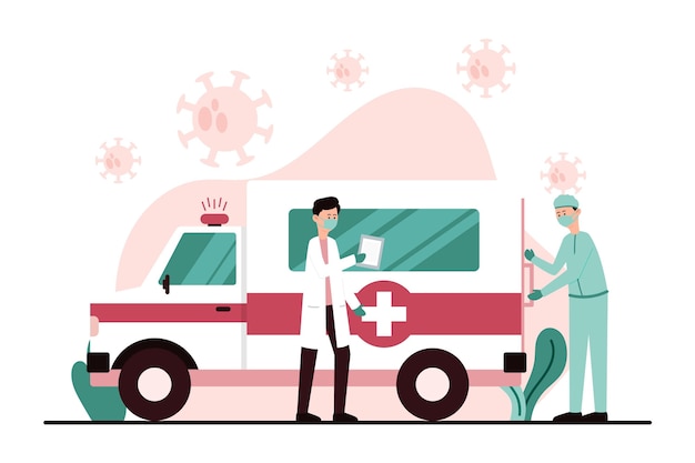 Vecteur gratuit ambulance d'urgence avec médecins équipés