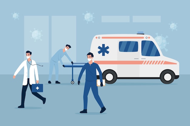 Vecteur gratuit ambulance d'urgence et médecins portant un masque