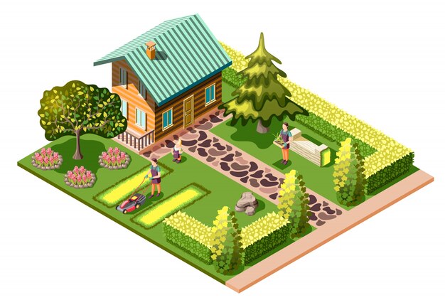 Aménagement paysager composition isométrique avec maison d'habitation et entretien du jardin tonte pelouse soins des plantes