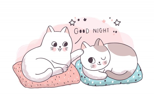 Amitie Mignonne De Dessin Anime Les Chats Disent Bonne Nuit Vecteur Premium