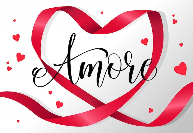 Amore Lettrage Dans Cadre De Ruban En Forme De Coeur Rouge