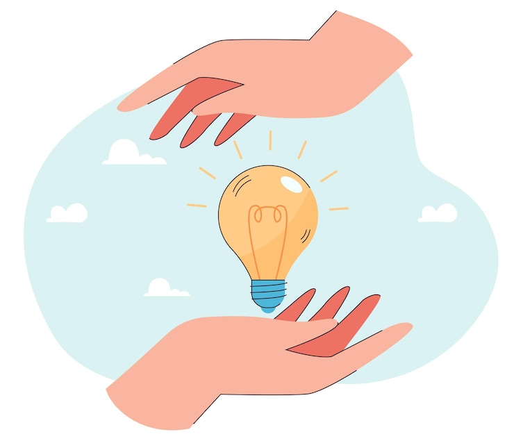 Vecteur gratuit ampoule entre d'énormes mains comme symbole d'une nouvelle idée. illustration vectorielle plane d'invention innovante. innovation, démarrage, créativité, concept d'imagination pour la bannière, la conception de sites web ou la page web de destination