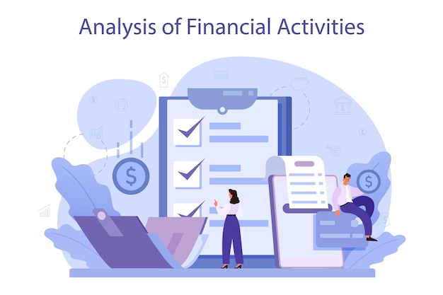 Analyse Des Activités Financières Caractère Commercial Examinant Les Opérations Financières De L'entreprise Recommandation Marketing Budgétisation Illustration Vectorielle Plane Isolée