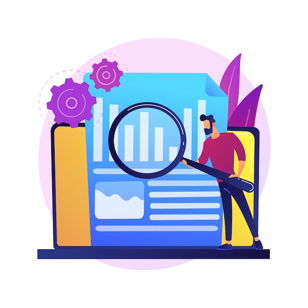 Analyse du rapport annuel de l'entreprise. Analyse commerciale, analyse de diagramme, statistiques. Employé tenant un personnage de dessin animé masculin en forme de loupe.