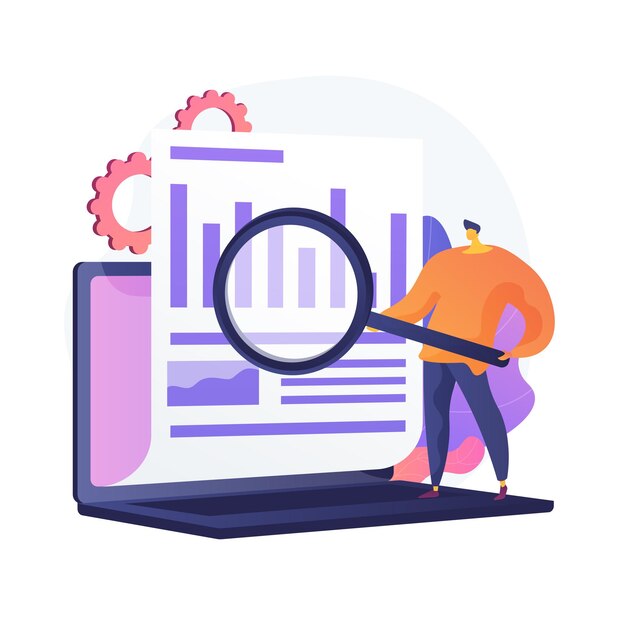 Analyse du rapport annuel de l'entreprise. Analyse commerciale, analyse de diagramme, statistiques. Employé tenant un personnage de dessin animé masculin en forme de loupe.