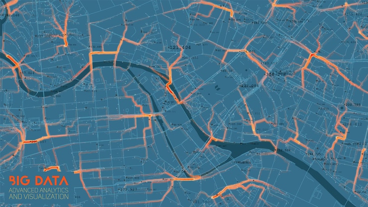 Vecteur gratuit analyse du trafic de données volumineuses dans la ville moderne visualisation abstraite des limites de la capacité routière graphique net des itinéraires automobiles analyse des infrastructures urbaines données géospatiales complexes complexité des informations visuelles