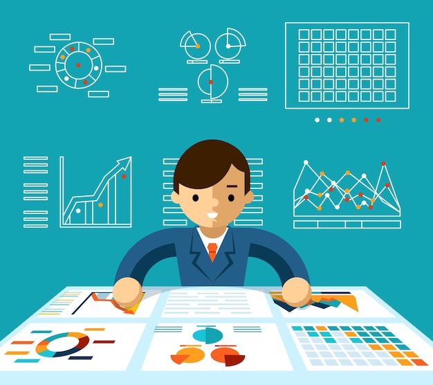 Vecteur gratuit analyse des informations. surveillance de l'économie, du gestionnaire et du progrès et productif, illustration vectorielle