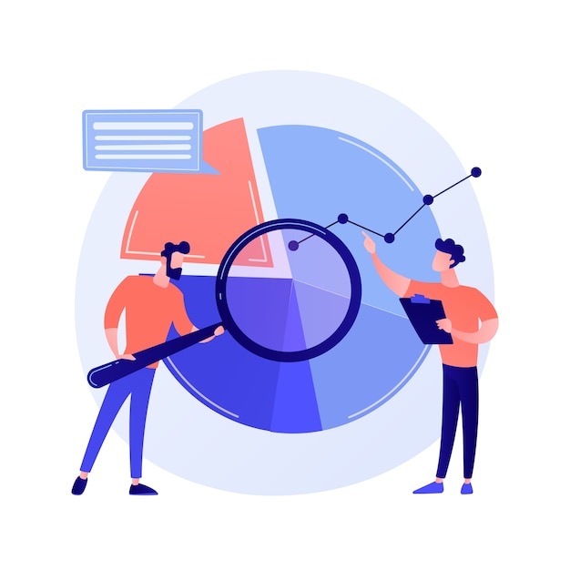 Vecteur gratuit analyses statistiques. personnage de dessin animé homme avec loupe analysant les données. diagramme circulaire avec segments colorés. statistiques, audit, illustration de concept de recherche