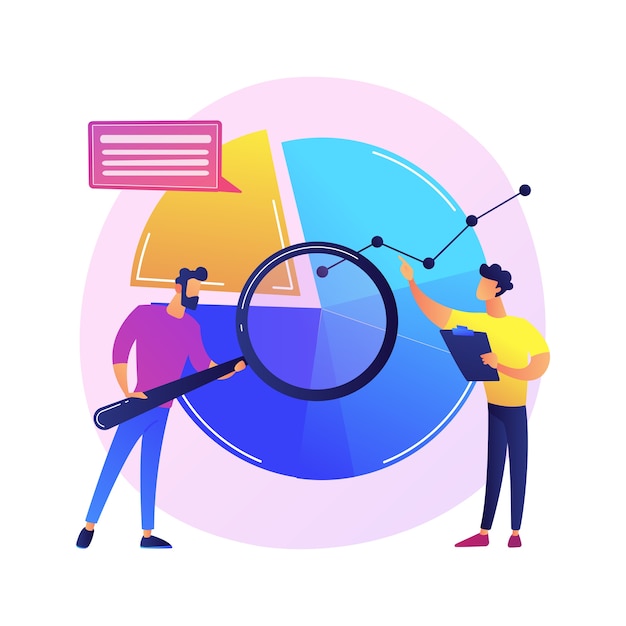 Analyses statistiques. Personnage de dessin animé homme avec loupe analysant les données. Diagramme circulaire avec segments colorés. Statistiques, audit, recherche.