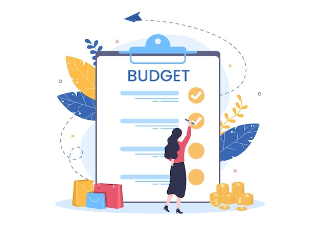 Analyste financier du budget pour gérer ou planifier les dépenses d'argent à la liste de contrôle sur le presse-papiers, la calculatrice et l'illustration vectorielle de fond de calendrier