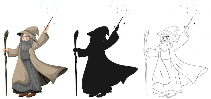 Vecteur gratuit ancien assistant avec baguette magique en couleur et contour et personnage de dessin animé de silhouette isolé sur fond blanc