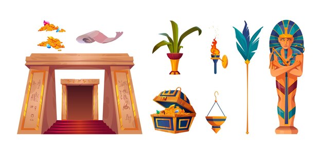 L'ancien égypte pharaon dieu temple jeu vectoriel ancien égyptien histoire design d'éléments intérieurs dessin animé sarcophage antique entrée trésor et objet de tombe fantaisie grand musée historique icône