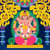 Vecteur gratuit ancienne composition indienne de dieu hindou ganesha avec des colonnes de motifs riches costumes et intérieurs illustration vectorielle