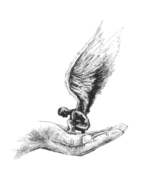 Vecteur gratuit ange aux longues ailes illustration vectorielle de croquis dessinés à la main