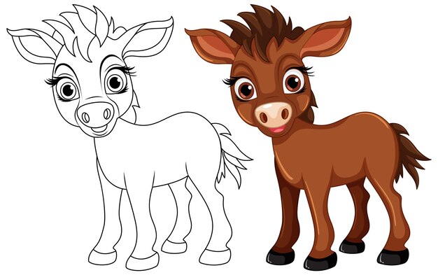 Vecteur gratuit animal de dessin animé de cheval mignon et son personnage de coloriage de doodle