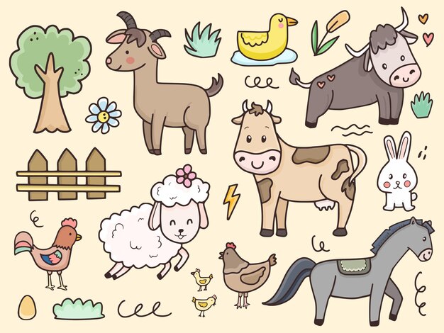 Animal De Ferme Mis Illustration Dessin Dessin Anime Pour Enfants Et Bebe Vecteur Premium