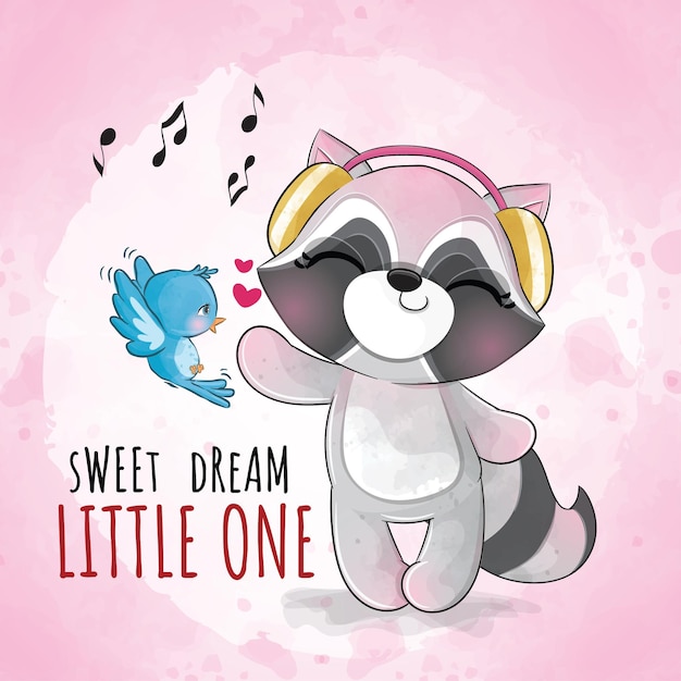 Vecteur gratuit animal mignon petit raton laveur chantant avec illustration d'oiseau - personnage de panda aquarelle animal mignon