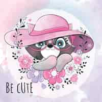 Vecteur gratuit animal mignon petit raton laveur avec illustration de chapeau - personnage de panda aquarelle animal mignon