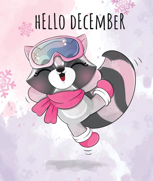 Vecteur gratuit animal mignon petit raton laveur joyeux décembre sur l'illustration de la neige. raton laveur aquarelle animal mignon