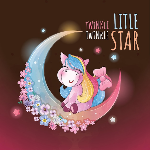 Animal mignon petite licorne sur l'illustration de la lune Personnage aquarelle de licorne animal mignon