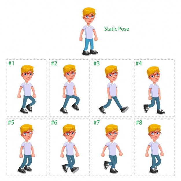 Vecteur gratuit animation du garçon marchant huit déambulateurs 1 poser vector cartoon isolé de characterframes statiques