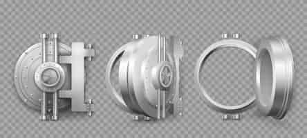 Vecteur gratuit animation de séquence de mouvement d'ouverture de porte de coffre-fort de banque. porte ronde en acier métallique fermée, légèrement entrouverte et ouverte, mécanisme isolé avec soudures et rivets. stockage d'or et d'argent, ensemble de vecteurs 3d réalistes