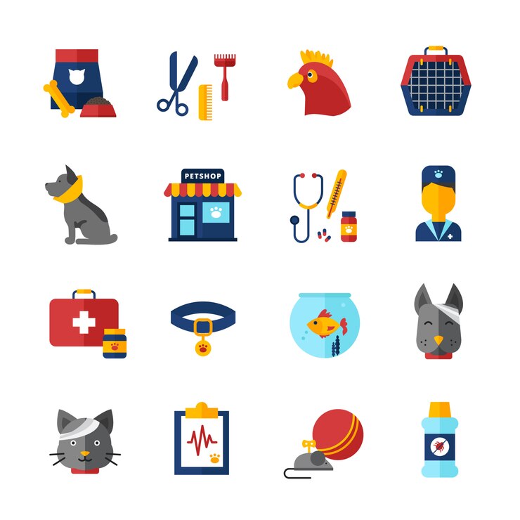 Vecteur gratuit animaux de compagnie vétérinaire icônes décoratives sertie animaux collier animalerie sac animalier et alimentation animale isolé illustration vectorielle
