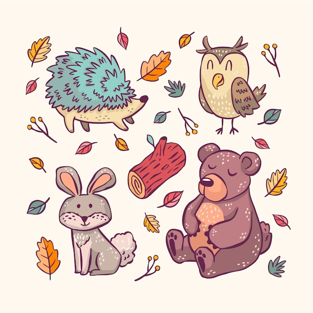 Animaux de la forêt d'automne dessinés à la main