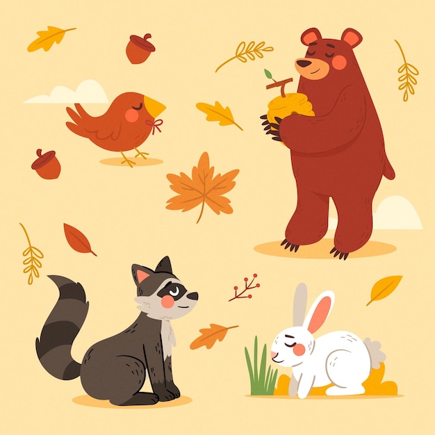 Vecteur gratuit animaux de la forêt d'automne mignons dessinés à la main