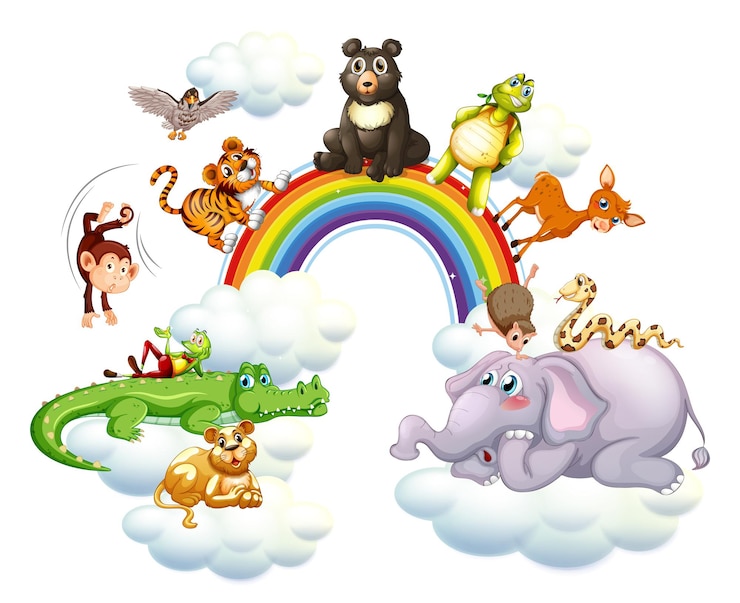 Vecteur gratuit animaux mignons au-dessus de l'arc-en-ciel