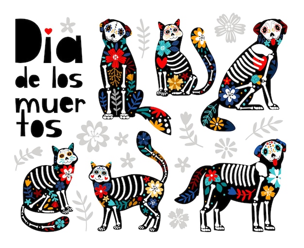 Animaux morts mexicains. crânes de chats, têtes de sucre de chiens illustration vectorielle de vacances colorées pour le jour des morts, squelette d'os dia de los muertos animaux dessins de fête