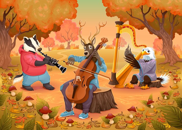 animaux musiciens dans le bois de bande dessinée et illustration vectorielle