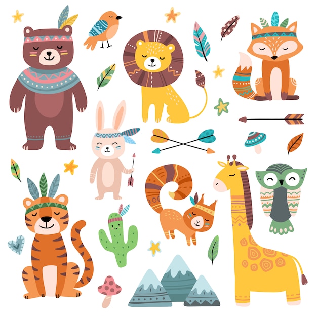 Animaux Tribaux Droles Woodland Bebe Animal Mignon Foret Sauvage Renard Et Jungle Tribaux Zoo Isole Dessin Anime Jeu De Caracteres Vecteur Premium