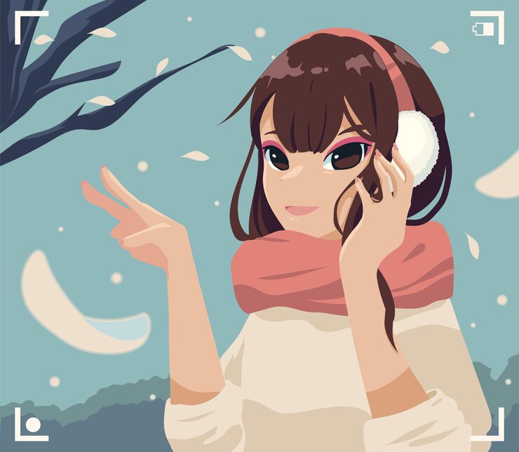 Vecteur gratuit anime girl photo en scène d'hiver