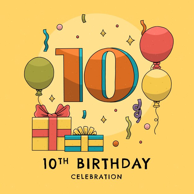 Vecteur gratuit anniversaire ou carte d'anniversaire de 10 ans dessinés à la main