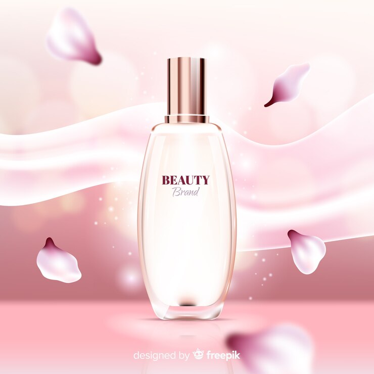 Vecteur gratuit annonce de parfum élégante avec des pétales