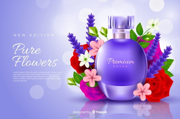 Annonce de parfum réaliste avec des fleurs