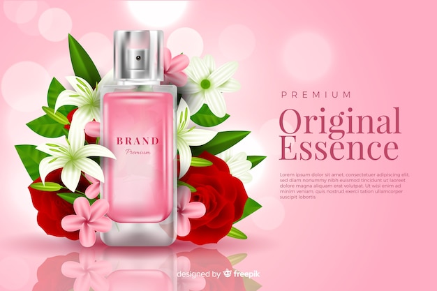 Annonce de parfum réaliste avec des fleurs