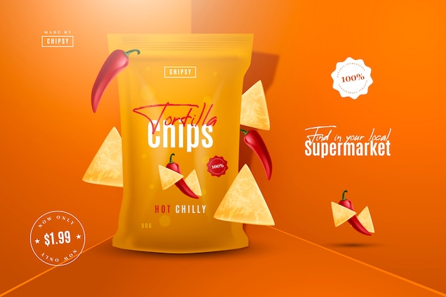 Vecteur gratuit annonce de produit alimentaire de chips de tortilla