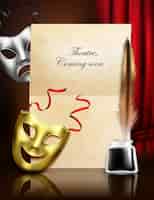 Vecteur gratuit annonce de saison de théâtre publicité composition réaliste élégante avec des masques de tragédie de comédie stylo plume d'encre de papier